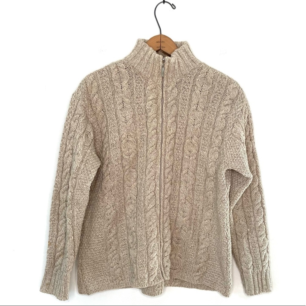 Aran Crafts | Tan Chunky Knit Zipper Front Fisherman’s Merino Wool Cardigan
